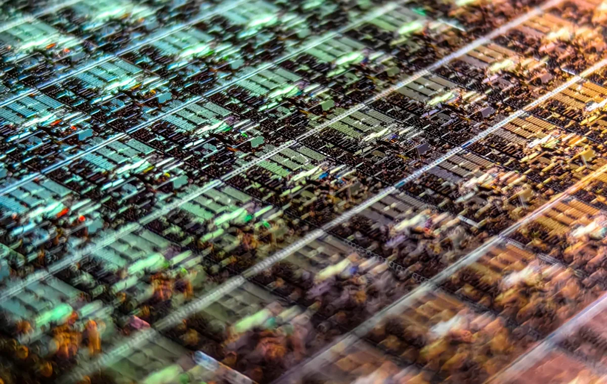 Close view of a patterned semiconductor wafer