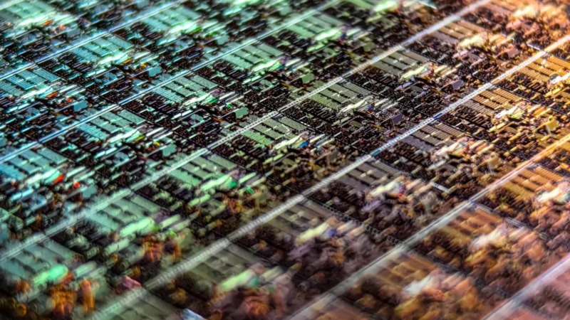 Close view of a patterned semiconductor wafer