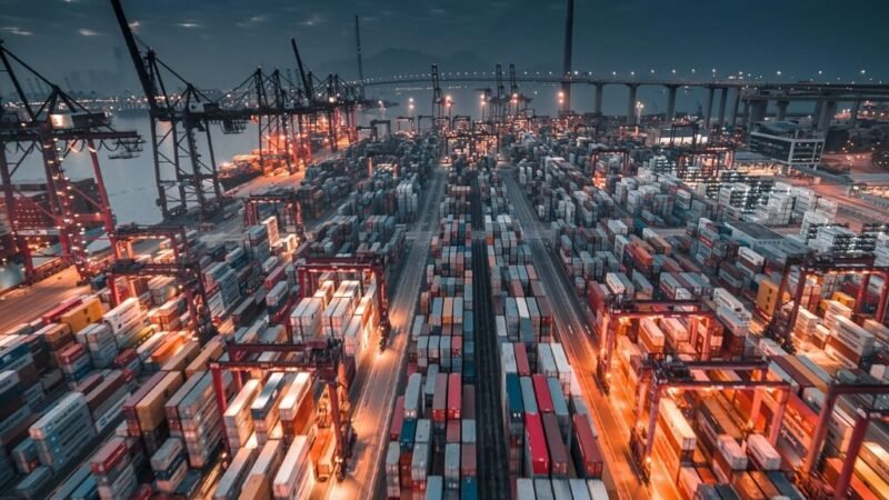 Freight containers stacked at an international shipping terminal