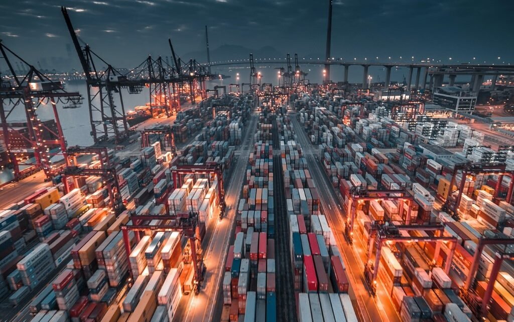 Freight containers stacked at an international shipping terminal