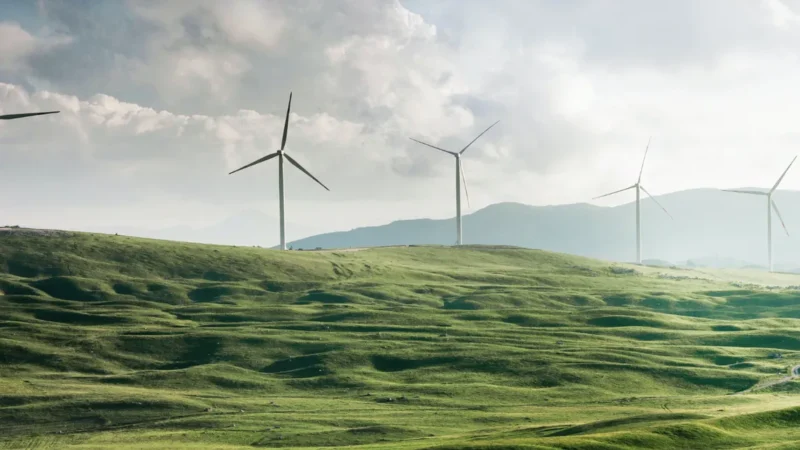 Wind turbines across a broad open landscape